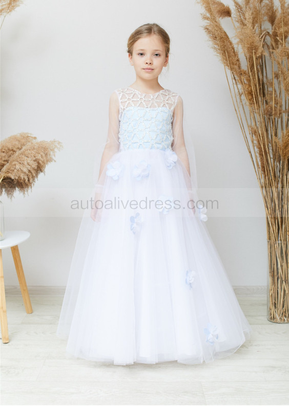 Long Sleeve Blue Lace Tulle Flower Girl Dress